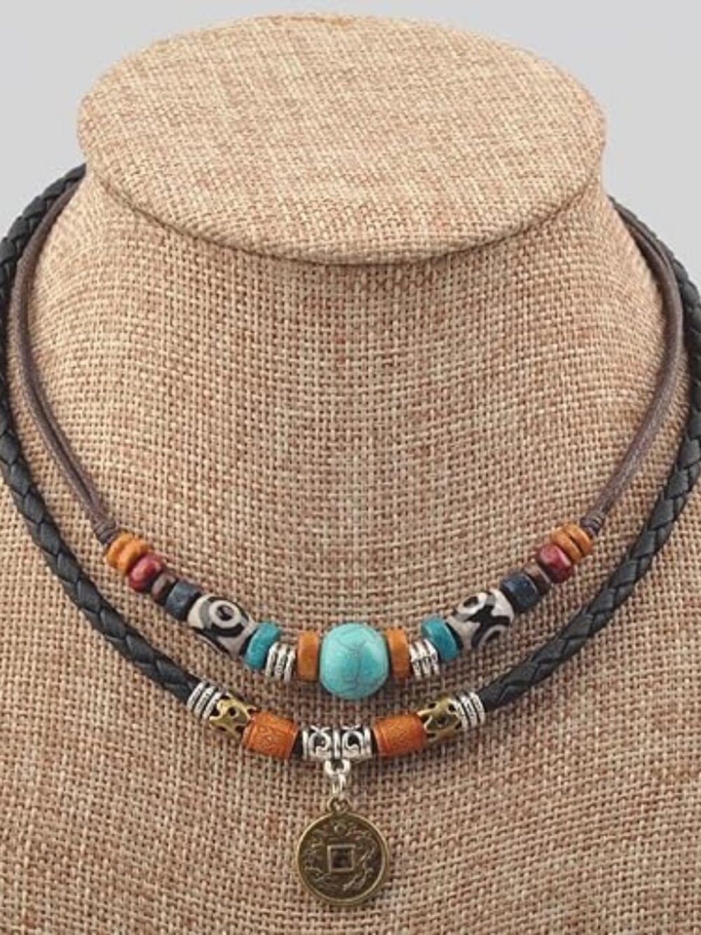 Boho Hemp & Leather Choker Necklace w/ Turquoise Bead Pendant